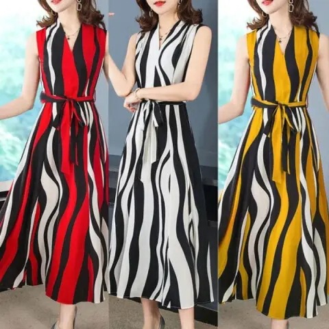 Summer New Bohemian Striped Fashion All-match Sleeveless dress Women's Mid-length Base Dress