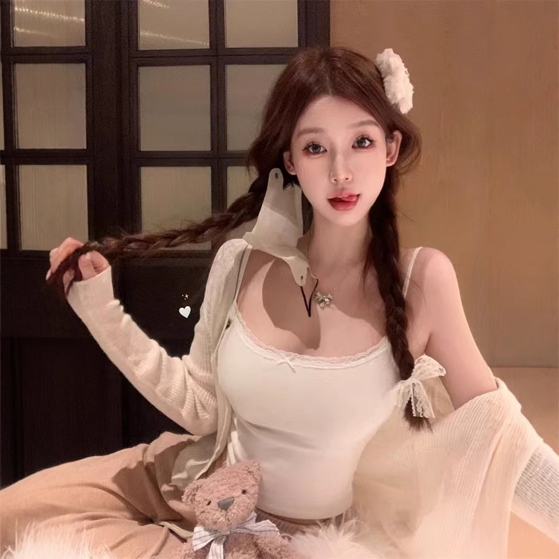 Summer New Lace Pink Vest with Chest Pad Women's Sleeveless Bm Inner Slim-fit Short Long-sleeved Base Shirt