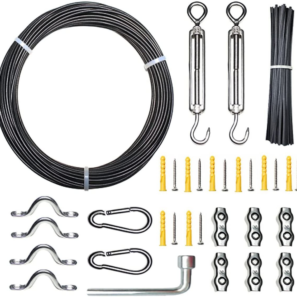 En stock de cable de acero inoxidable PVC recubierto cuerda de alambre de acero al aire libre luz colgante kit tensor de cuerda de gancho de resorte