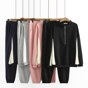 Large size women's spring loose slim stitching semi-high collar long sleeve sweater + pants fashion two-piece K2121