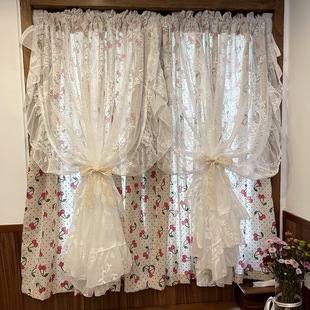 Pastoral Style Curtains American Cherry Lace Double-Layer Cloth Gauze Integrated Punch-Free French Rococo Gauze Curtain Half Short Curtain