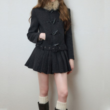 槿一羊毛混纺可拆卸毛领毛呢外套女秋冬加厚百褶下摆呢子大衣新款