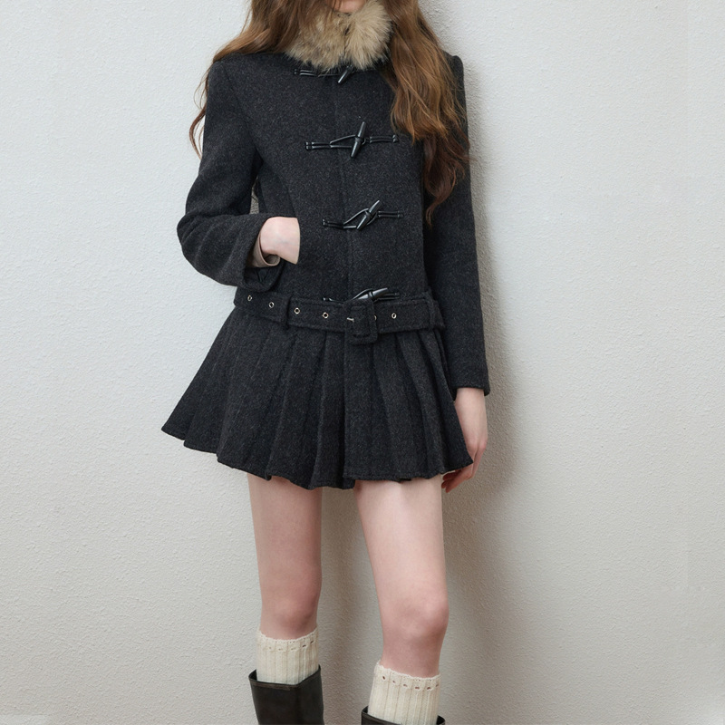 槿一羊毛混纺可拆卸毛领毛呢外套女秋冬加厚百褶下摆呢子大衣新款