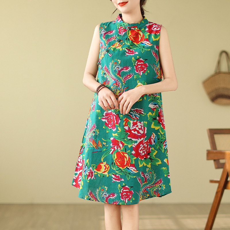 实拍夏季新中式改良旗袍裙文艺复古宽松棉麻印花中长款无袖连衣裙