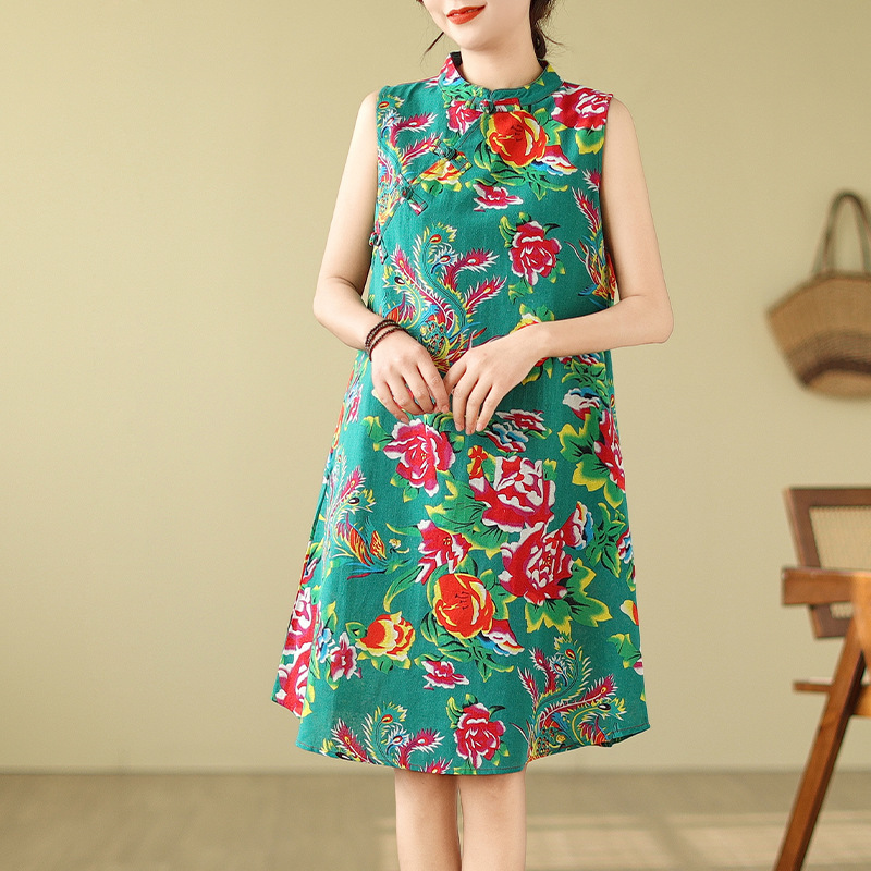 Real Shot Summer New Chinese Style Modified Cheongsam Dress Artistic Retro Loose Cotton Linen Print Mid-length Sleeveless dress Real Shot Summer New Chinese Style Modified Cheongsam Dress Artistic Retro Loose Cotton Linen Print Mid-length Sleeveless dress