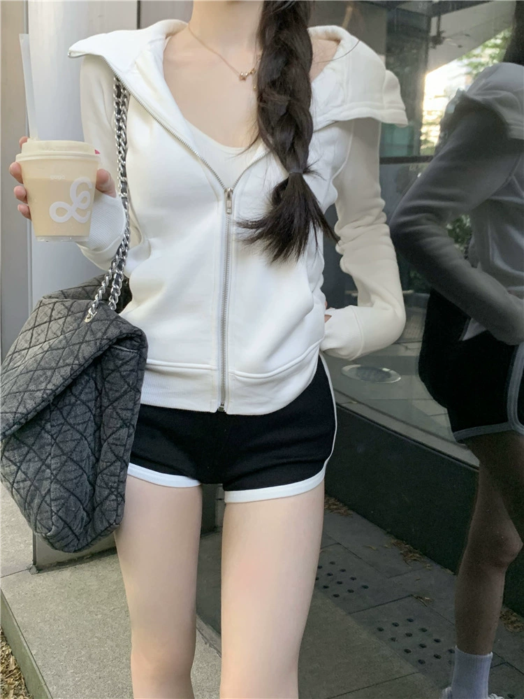 Autumn jacket, hoody, fitted short brace, slim fit, for teenagers