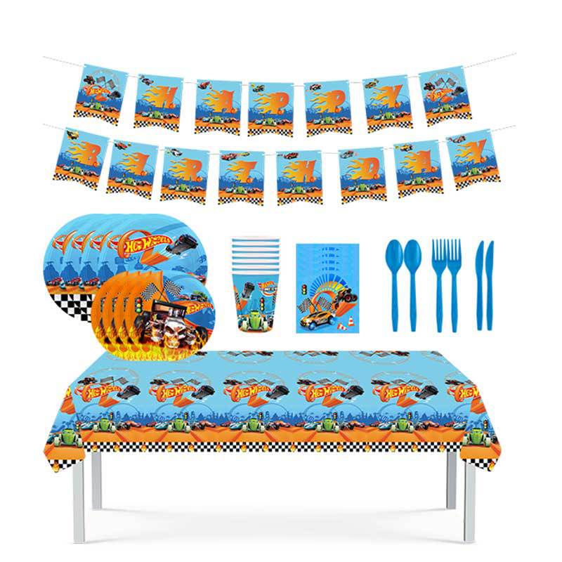 New Hot Wheels racing theme paper plate suit PE tablecloth banner disposable knife fork spoon party decoration supplies New Hot Wheels racing theme paper plate suit PE tablecloth banner disposable knife fork spoon party decoration supplies