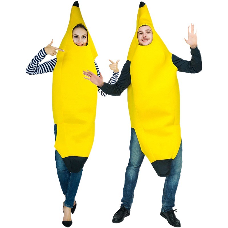Pareja de adultos de Halloween parodia traje de plátano divertido fruta plátano carnaval etapa rendimiento traje de fiesta