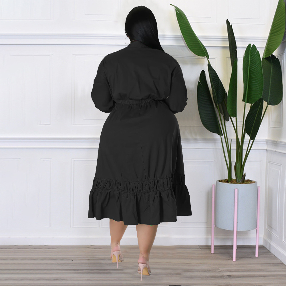 ChicShe N7679 2022 Solid Color Tie Bow Shirt Sleeve Loose Casual Ruffle Plus Size Dress_voghion.com