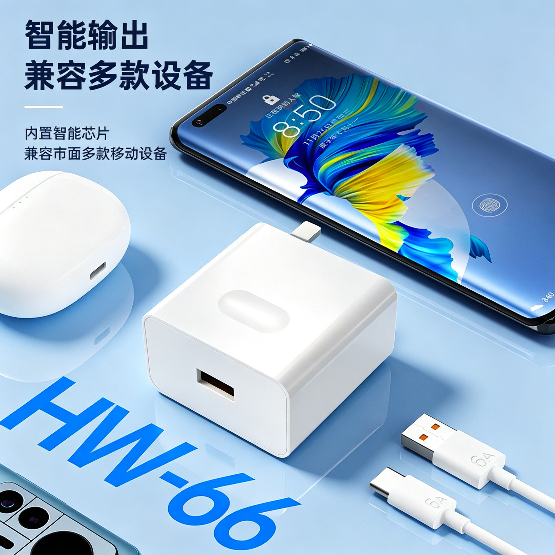 Cabezal de Carga Súper Rápida 120W 66A Compatible con Android Huawei, Cable de Datos Tipo-C, Cargador Huawei