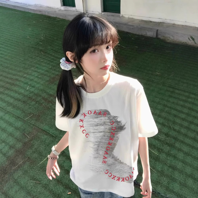 Heavy Cotton American Short-sleeved T-shirt Women's Summer OTTD Wear 2025 New Style Girl's High Street All-match Top Heavy Cotton American Short-sleeved T-shirt Women's Summer OTTD Wear 2025 New Style Girl's High Street All-match Top