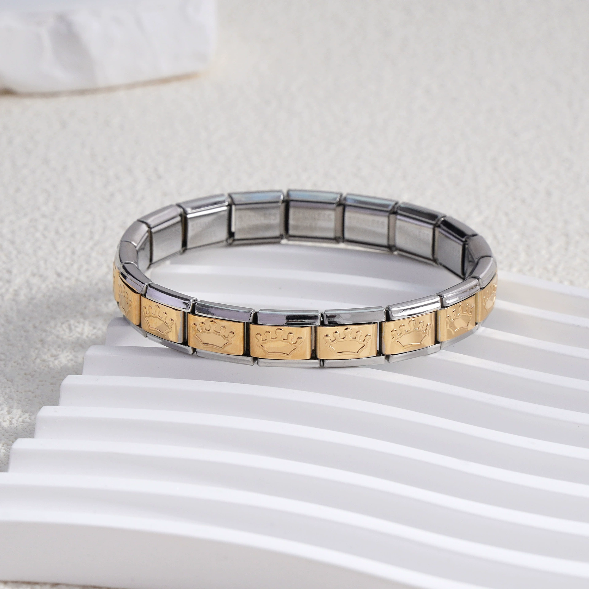 stainless steel bracelet, removable elastic link watch strap, italian european style, assorted charms