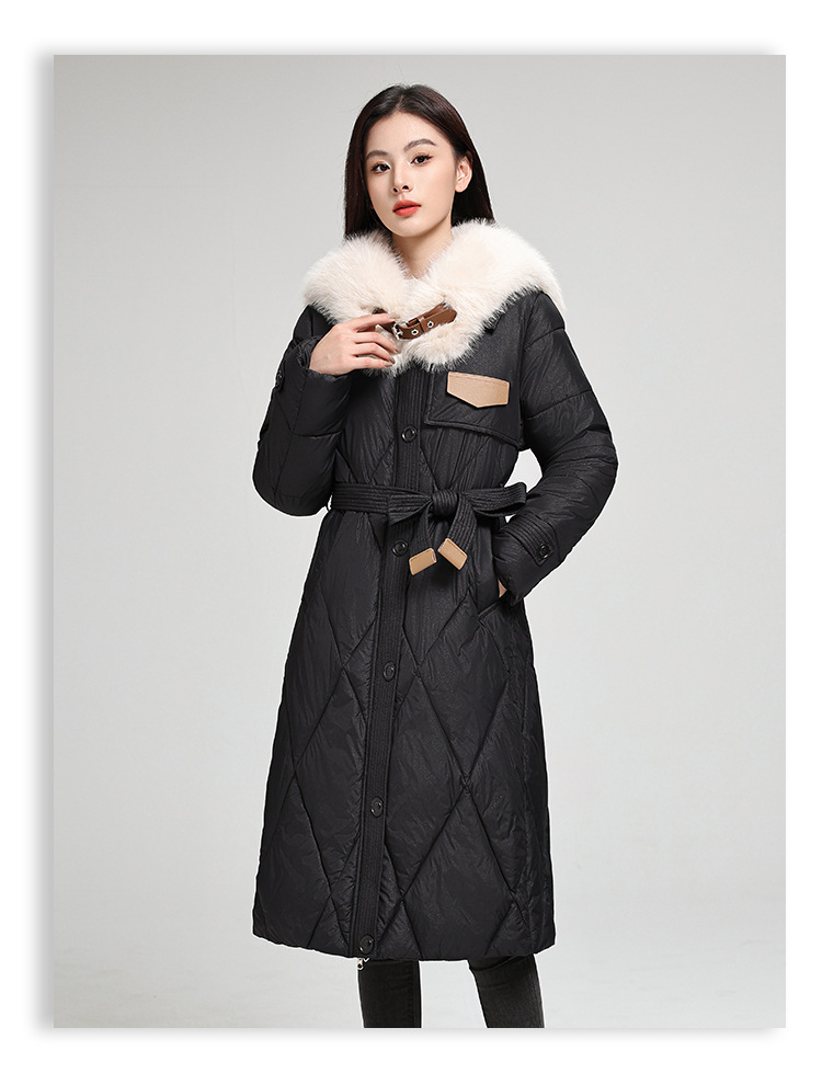 Women's Long Puffer Coat With Belt, Oversized Hooded Winter Jacket, Thickened Polyester Filling, Knee-Length Warm Parka For Cold Weather_voghion.com