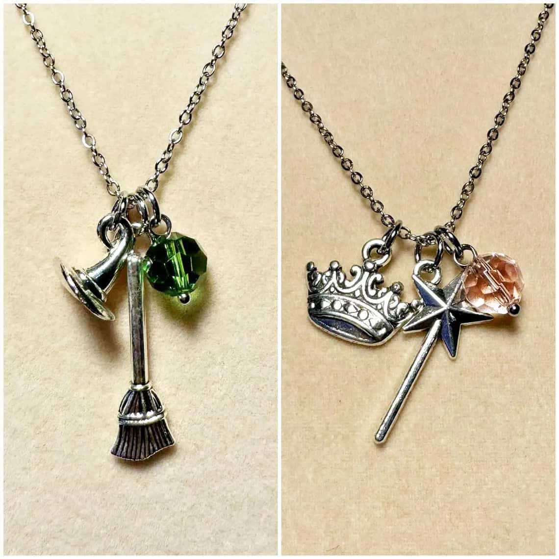 Witch Necklace Green and Pink Hat Broom Crown Scepter Charm Girl Friendship Evil Costume Jewelry