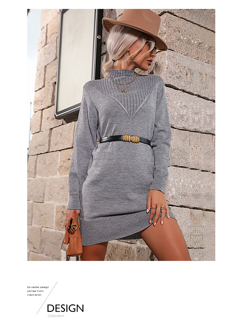 Robes pull coupe ajustée tricotées à demi-col roulé de couleur unie_voghion.com