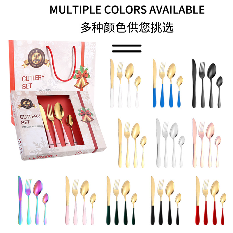 Amazon popular vajilla de acero inoxidable 24 piezas traje 1012 cuatro piezas principales cuchillo de comida occidental, tenedor y cuchara traje de caja de regalo de Navidad