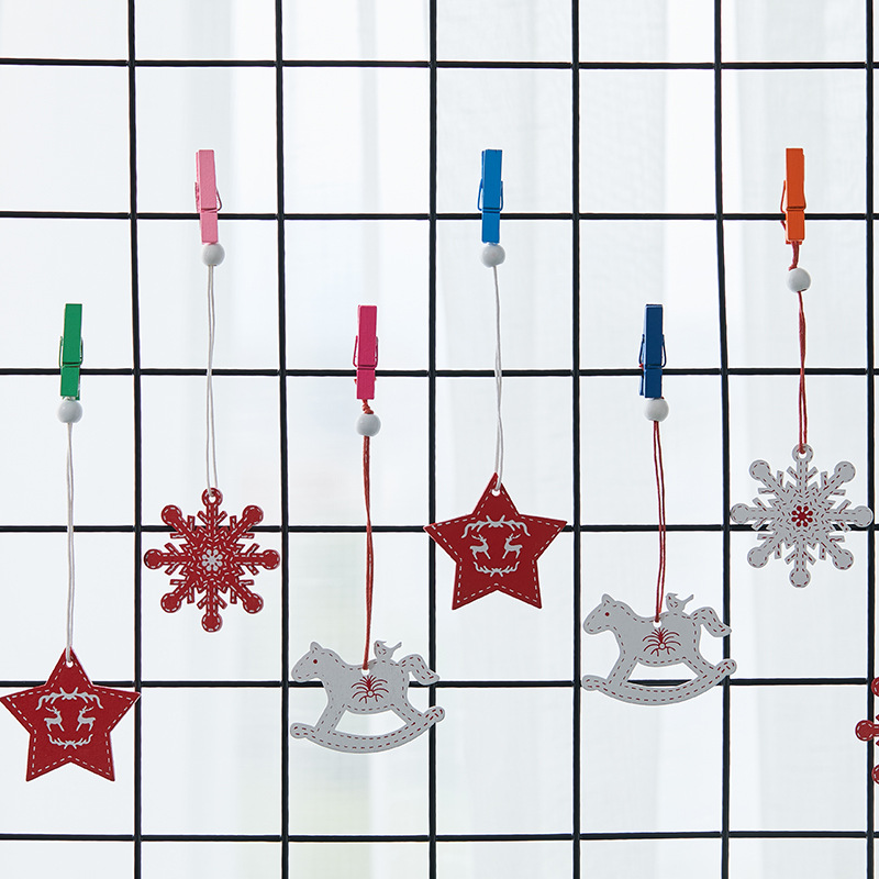 Colgante pequeño en caja de madera transfronteriza Árbol de Navidad Colgante rojo Navidad nórdica Copo de nieve Colgante de madera de alce de cinco estrellas