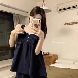 批发货源新款韩版甜美蕾丝花边纯棉吊带短裤家居服套装