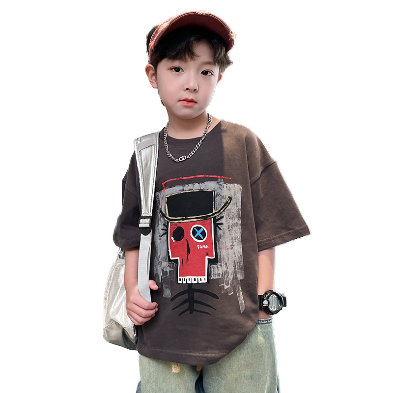 Tricou scurt cu desene animate pentru purtare 2024, top nou din bumbac pur pentru copii, vară 2024, tricou la modă cu mânecă jumătate și model exploziv pentru băieți mari_voghion.com