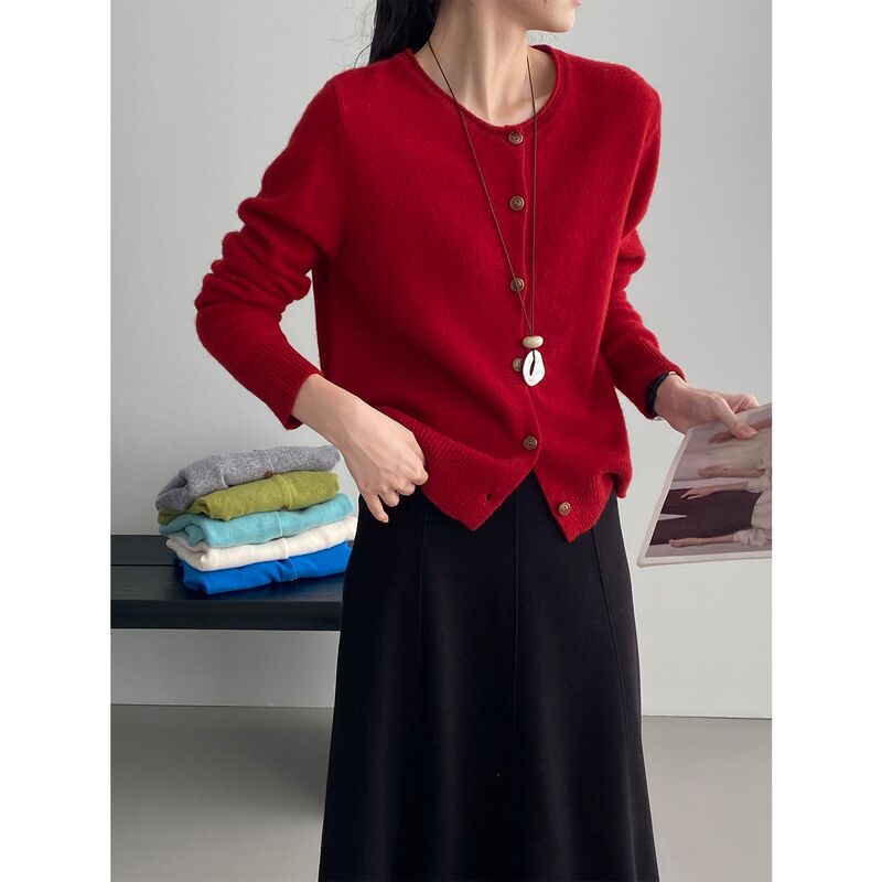 High-Quality Series~100% Wool Heart-Shaped Button Solid Color Versatile Knit Sweater Soft and Versatile Women's Sweater Y1287