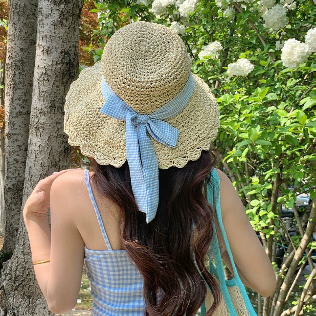 Straw summer beach hat with bow solar-powered, sun protection, beach style