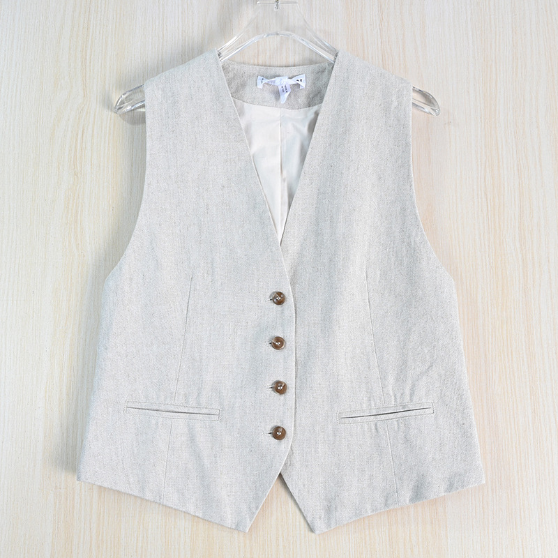 Siqi Women's Clothing 2510/13 Commuting Style Cotton and Linen Blended V Neck Single-Breasted Slim Short Vest