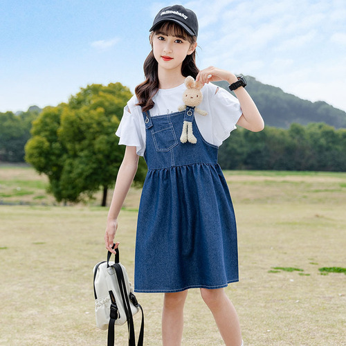 Ladie's Summer Belted Dress Set 2024 New Trendy Medium and Large Children's Korean Style Denim Dress Children's Skirt
