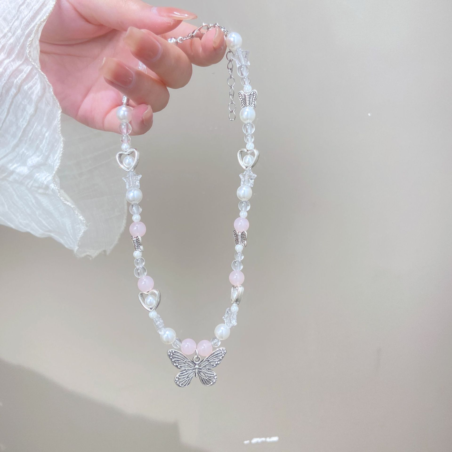 Collana con ciondolo a forma di farfalla, stella, croce, cuore e fiore in metallo Y2K, perle acriliche_voghion.com