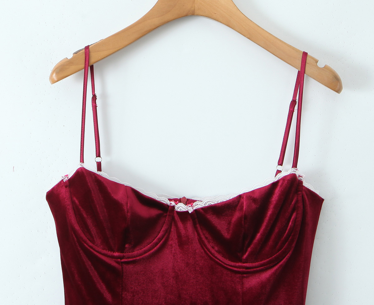 Women Velvet Three Layer Three Dimensional Steel Ring Lace Splicing Sling Dress