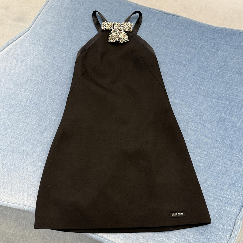 Miu Series High Version Pure Original Hand-Sewn Diamond Halterneck Dress Skirt Micro-Label Daughter Banquet Bottoming Dress Spring & Fall