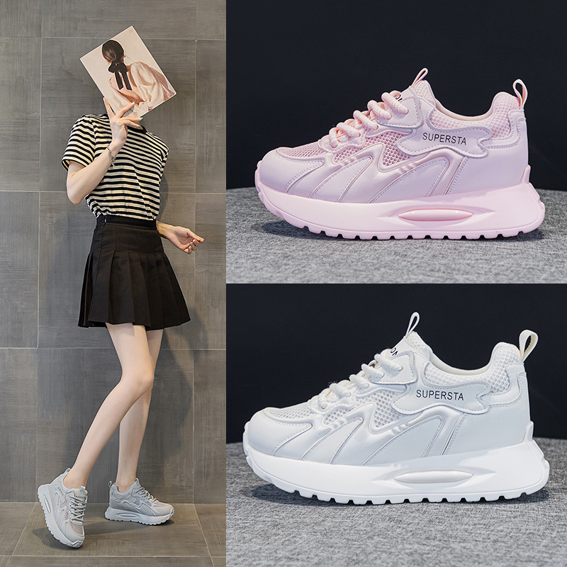 5556-3 Internet Celebrity Hot-Selling Genuine Leather Mesh Shoes 2026 Spring/Summer New Style Platform Thick-Soled Height-Increasing Sports Casual Shoes