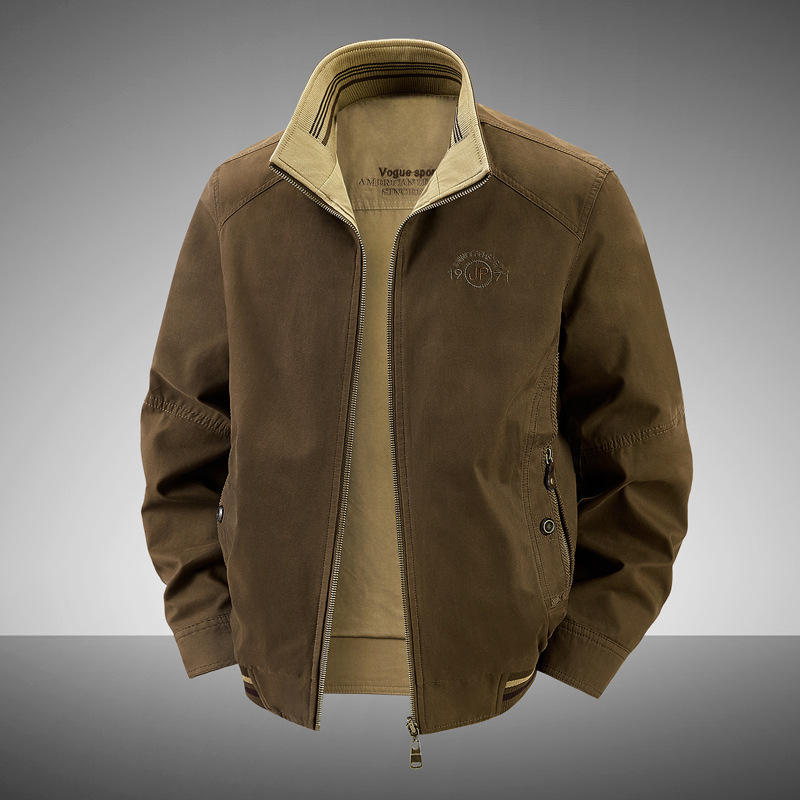 2025 New Style Double-Sided Pure Cotton Jacket for Men, Spring and Autumn Casual Stand-Up Collar Middle-Aged Dad's Outerwear, Large Size