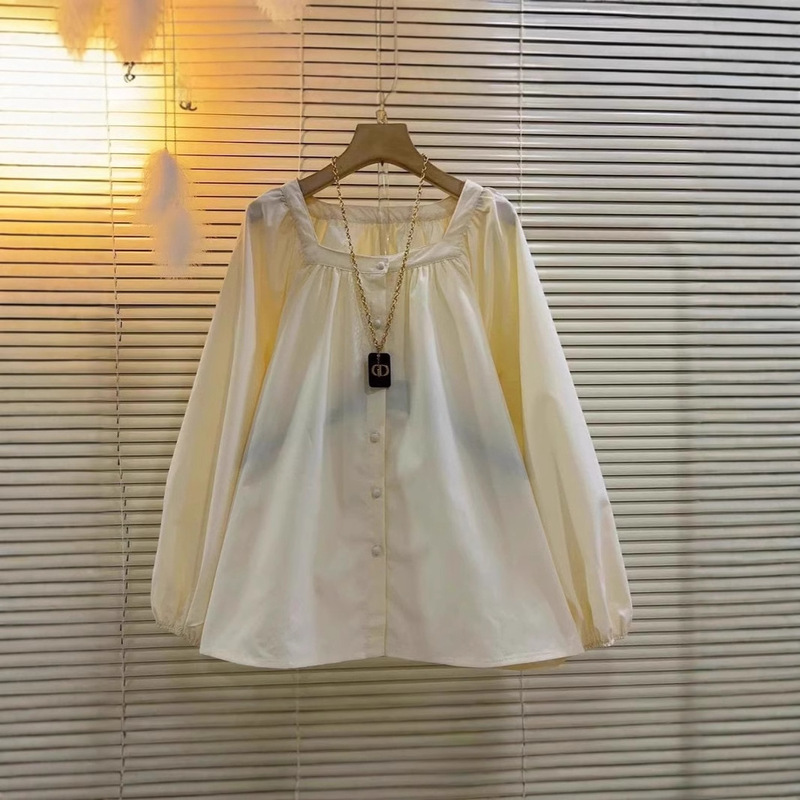 Dopamine Chanel-Style New Long-Sleeve French Loose Square Neck 2025 Round Neck Early Autumn Pleated Versatile Shirt Design