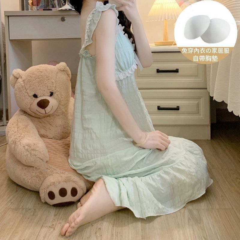 Camisón con almohadilla para el pecho falda de tirantes para mujer de verano nube algodón fino encaje dulce pijama de longitud media color sólido transfronterizo