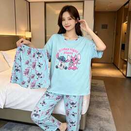 南美pajama三件套牛奶丝短袖短裤长裤印花卡通图案女士家居服睡衣