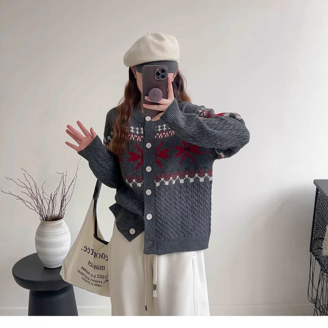 Jacquard torcido camisa de cuello redondo de punto Cardigan mujeres 2025 otoño y invierno nuevo estilo coreano suéter suelto abrigo image 3