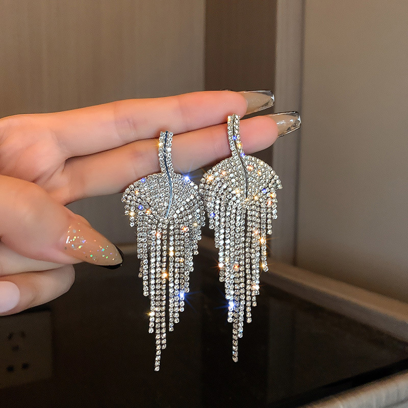 925 Silver Needle Diamond Leaf Tassel Earrings European And American Fashion Niche Personality Earrings Temperament All-match Design Earrings