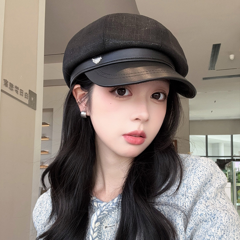 拼接皮檐贝雷帽子女秋冬季高级感显脸小鸭舌八角帽法式复古画家帽|undefined