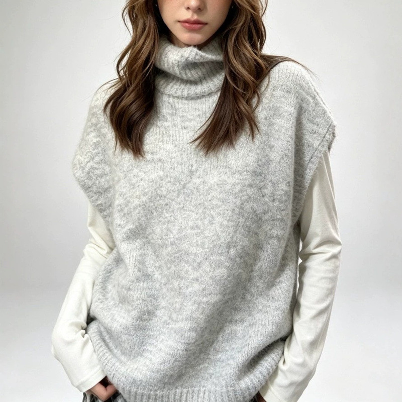 European and American cross-border Amazon high-neck knitted vest sweater for women, autumn and winter casual loose sleeveless top European and American cross-border Amazon high-neck knitted vest sweater for women, autumn and winter casual loose sleeveless top