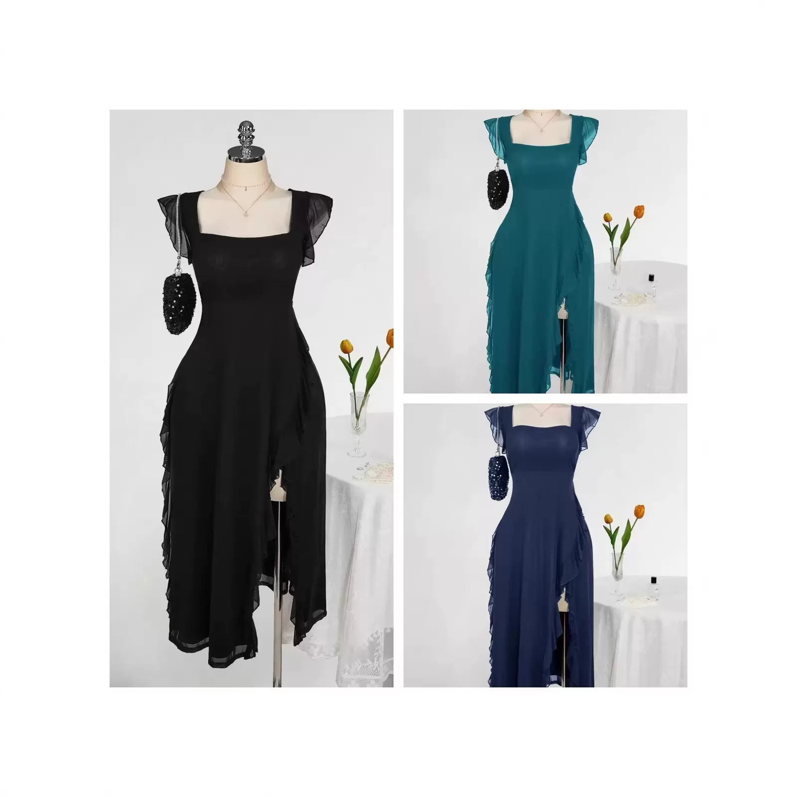 欧美外贸夏季小众小飞袖荷叶边网纱连衣裙收腰不规则长裙礼服连衣