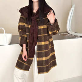 围巾格子时尚羊毛呢子大衣女秋冬新款高级感小个子羊绒毛呢外套
