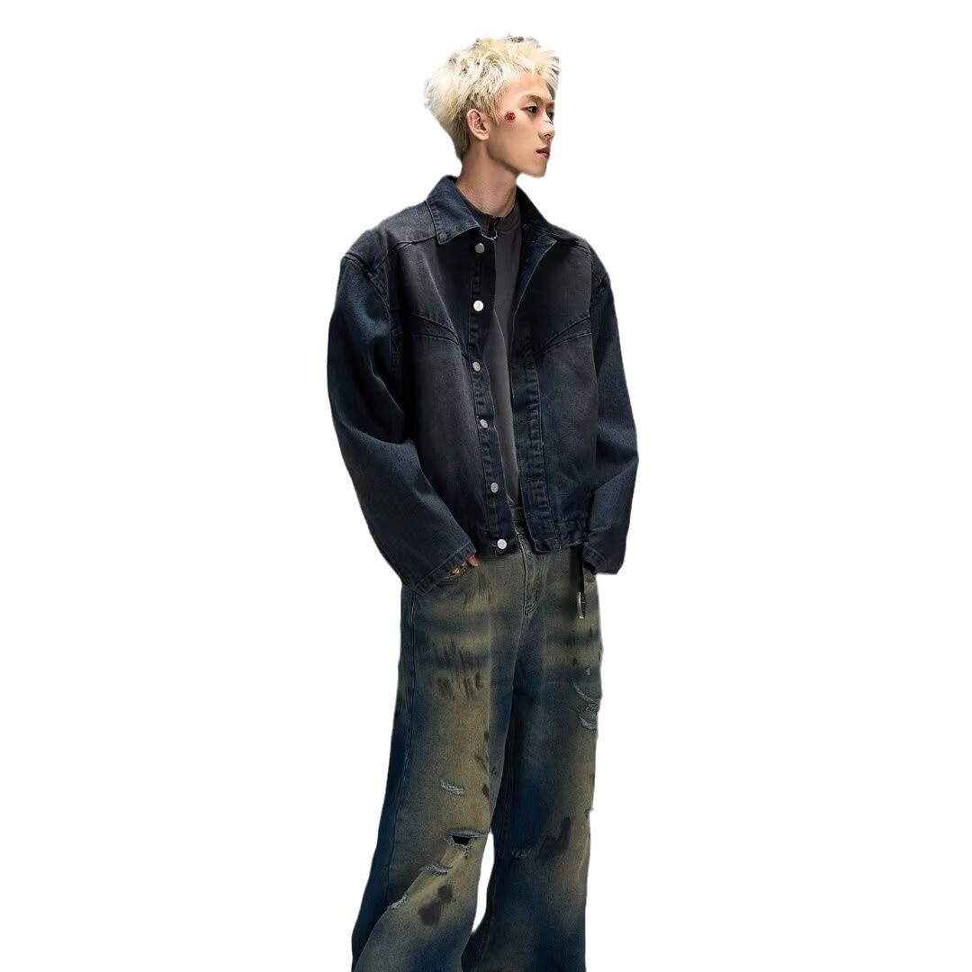 미국 스타일 레트로 더러운 염료 세척 짧은 오토바이 데님 재킷 트렌디 하이 스트리트 솔리드 컬러 블루 재킷