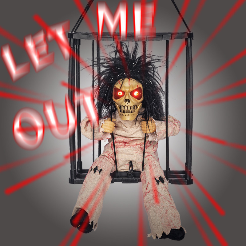 Halloween Hanging Ghost Toy Prisoner Cage Ghost Electric Light-Up Sound-Making Can Be Hung or Carried Plain Color Mixed Leopard Print