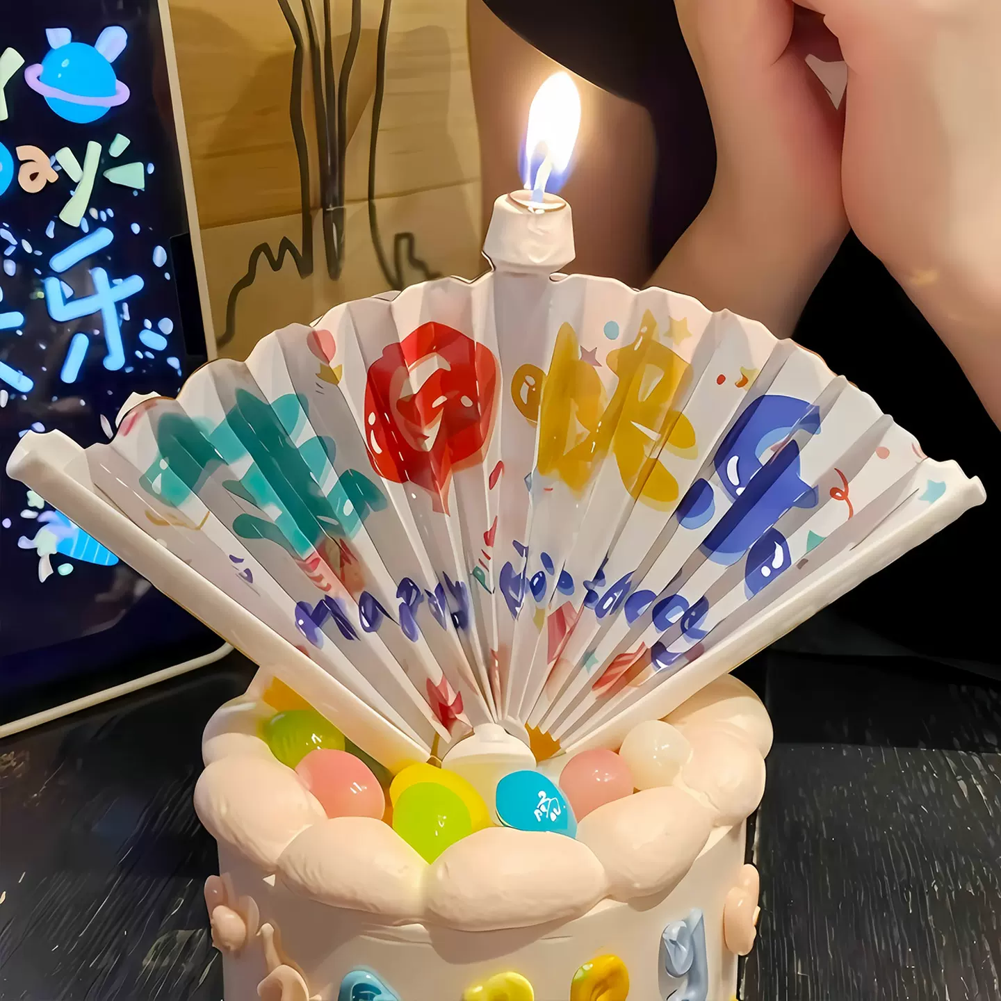创意生日蜡烛扇形派对氛围感道具自动展开网红惊喜扇子祝福语装饰