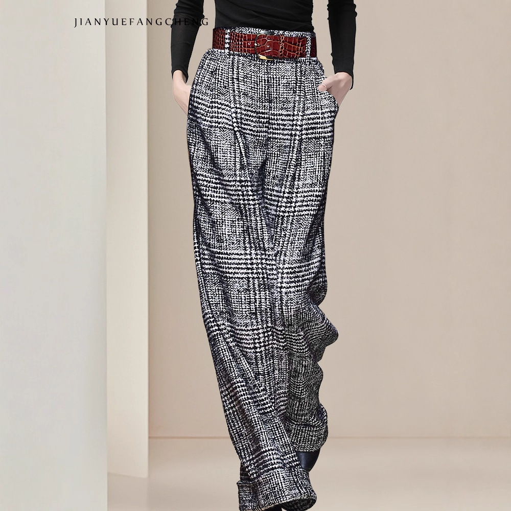 可千鸟格毛呢阔腿裤女高腰2025秋冬百搭宽松呢子直筒裤甩裤