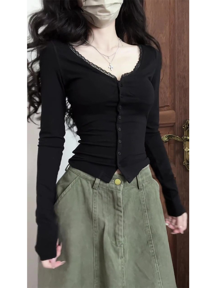 Ins Sexy Pure Desire V Neck Lace Button V Neck Long-Sleeved T-Shirt Women's Spring & Fall Slim Short Bottoming Top Women's T-Shirt