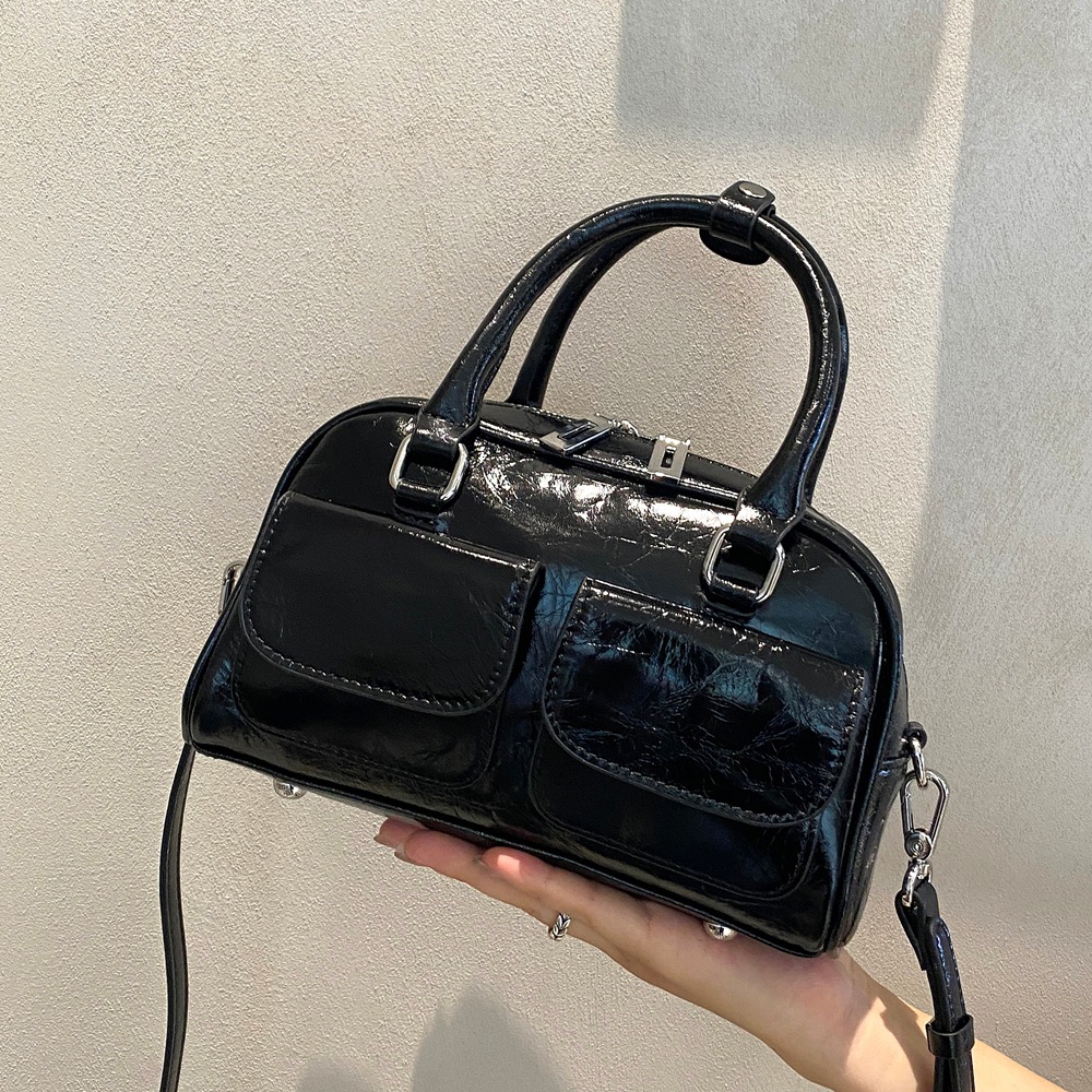 Genuine Leather Retro Handbag For Women, Cracked Cowhide Fashion Simple Bowling Boston Bag, Commuter Shoulder Bag - Thumbnail 8