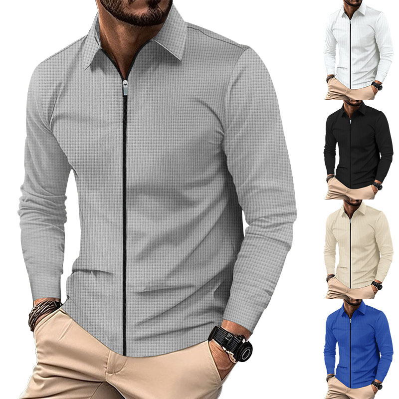 Cross-border 2023 chaqueta cardigan Otoño de los hombres Nueva chaqueta de cremallera de los hombres ocasionales de manga larga chaqueta de la galleta de solapa