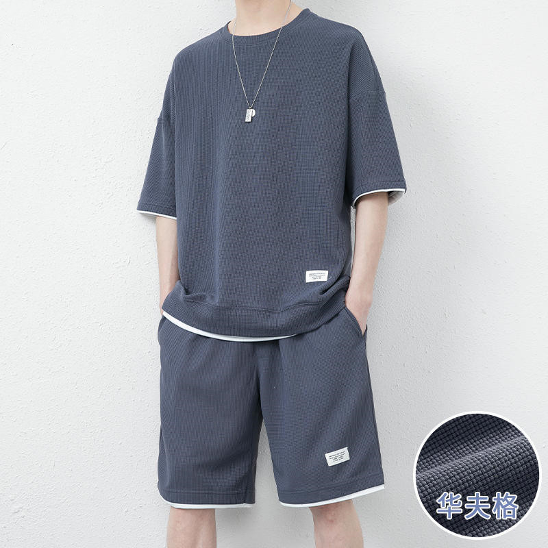 Waffle Casual Suit Men's Summer Ice Silk Short-sleeved T-shirt Men's Clothing Set with Handsome Fashion Brand Sports Clothes