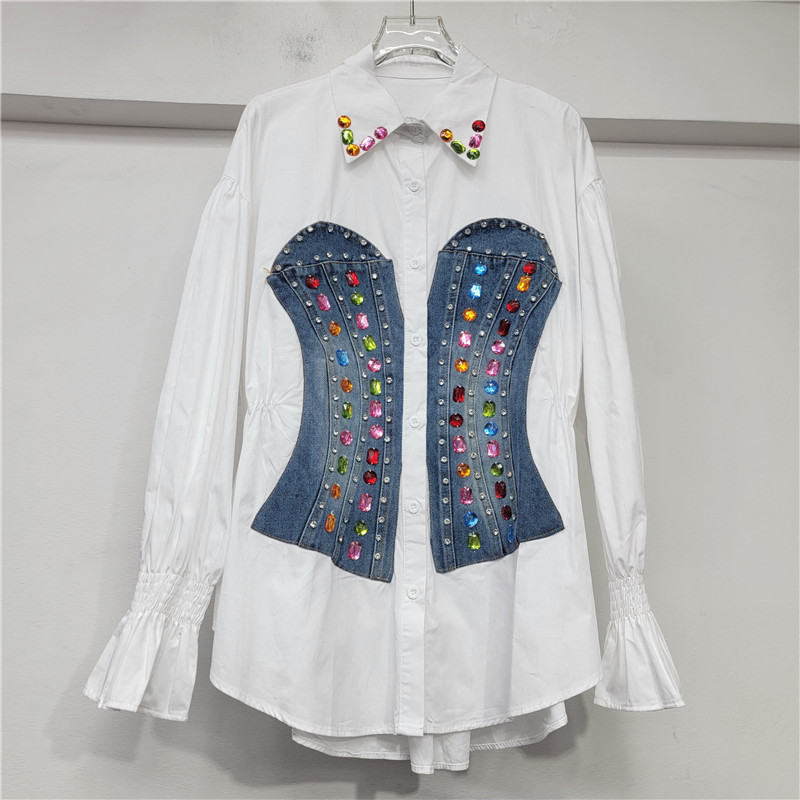 Diseño de manga larga empalmada camisa vaquero de cintura baja mujer 2026 nueva camisa delgada y de moda